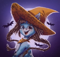 Size: 2000x1902 | Tagged: safe, artist:querisyart, oc, oc only, oc:querisy, bat, pegasus, pony, braid, bust, female, full moon, halloween, hat, heterochromia, holiday, looking at you, mare, moon, night, outdoors, portrait, signature, smiling, smiling at you, solo, witch hat