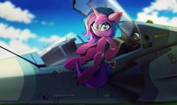 Size: 1500x895 | Tagged: safe, artist:skyeypony, oc, oc only, oc:stellar trace, pony, unicorn, aircraft, cloud, complex background, female, french, horn, jet, jet fighter, looking at you, mare, mirage 2000, plane, sitting, solo