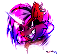 Size: 1344x1250 | Tagged: safe, artist:madragon, oc, oc only, oc:dewulf, pony, unicorn, braces, bust, ear fluff, eyeshadow, horn, lidded eyes, looking at you, makeup, nose piercing, piercing, punk, simple background, smiling, solo, white background