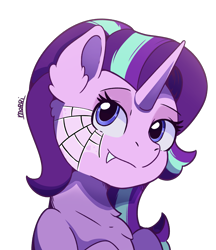 Size: 2717x3151 | Tagged: safe, artist:morrigun, starlight glimmer, pony, unicorn, mlp fim's fourteenth anniversary, g4, bust, fangs, female, halloween, holiday, horn, makeup, mare, purple coat, purple eyes, signature, simple background, solo, spider web, transparent background