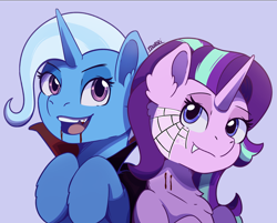 Size: 4370x3508 | Tagged: safe, artist:morrigun, starlight glimmer, trixie, pony, undead, unicorn, vampire, mlp fim's fourteenth anniversary, g4, blood, blue coat, bust, cape, clothes, duo, fangs, female, halloween, holiday, horn, makeup, mare, purple coat, purple eyes, signature, simple background, spider web