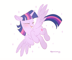 Size: 1268x1052 | Tagged: safe, artist:sion, twilight sparkle, alicorn, pony, g4, blushing, cute, eyes closed, female, flying, mare, open mouth, open smile, signature, simple background, smiling, solo, sparkles, spread wings, twiabetes, twilight sparkle (alicorn), white background, wings