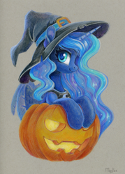 Size: 1005x1400 | Tagged: safe, artist:maytee, princess luna, alicorn, pony, g4, bust, halloween, hat, holiday, jack-o-lantern, nightmare night, portrait, pumpkin, solo, traditional art, witch hat