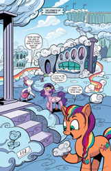 Size: 1170x1804 | Tagged: safe, artist:andy price, idw, pipp petals, sunny starscout, zipp storm, earth pony, pegasus, pony, g5, my little pony: the storm of zephyr heights, the storm of zephyr heights #2, spoiler:comic, spoiler:g5comic, cloud, cloudsdale, dialogue, female, hoof hold, mane stripe sunny, mare, royal sisters (g5), siblings, sisters, speech bubble, trio, unshorn fetlocks