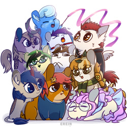 Size: 2000x2000 | Tagged: safe, artist:erein, oc, oc only, oc:blank card, oc:cerulean skies, oc:dreamfaith, oc:owl burst, oc:pompi, changeling, earth pony, hybrid, kirin, pegasus, pony, unicorn, big ears, big eyes, bow, changeling oc, chibi, choker, clothes, colored, commission, cute, digital art, ears up, earth pony oc, eyes closed, eyeshadow, female, glasses, happy, high res, horn, hybrid oc, kirin oc, lying down, makeup, male, pegasus oc, scarf, simple background, striped scarf, tail, unicorn oc, white background, wings, ych result