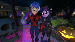 Size: 2560x1440 | Tagged: safe, artist:oatmeal!, flash sentry, twilight sparkle, ghost, human, undead, equestria girls, g4, 3d, bag, candy bag, clothes, costume, female, fire emblem, fire emblem awakening, gmod, halloween, halloween costume, holding hands, holiday, jack-o-lantern, looking at each other, looking at someone, lucina, male, marvel, marvel comics, meme, night, nintendo, outdoors, pumpkin, ship:flashlight, shipping, skull, spider-man, straight, sword, trick or treat, walking, weapon