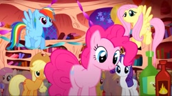 Size: 2046x1146 | Tagged: safe, screencap, applejack, derpy hooves, fluttershy, pinkie pie, rainbow dash, rarity, twinkleshine, g4, my little pony: friendship is magic, bookshelf, bottle, golden oaks library