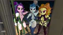 Size: 2560x1440 | Tagged: safe, artist:oatmeal!, adagio dazzle, aria blaze, sonata dusk, human, equestria girls, g4, 3d, belly, belly button, boots, breasts, cleavage, clothes, costume, decoration, fans, female, fighting game, gmod, halloween, halloween costume, holding, holiday, jade (mortal kombat), kitana, leotard, mileena, mortal kombat, night, ninja, pose, sai, shoes, staff, standing, the dazzlings, trick or treat, trio, trio female, weapon