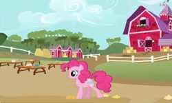 Size: 1251x750 | Tagged: safe, pinkie pie, earth pony, pony, g4, collect cupcakes lick ponies, female, flash game, mare, outdoors, solo, sweet apple acres, sweet apple acres barn, youtube link