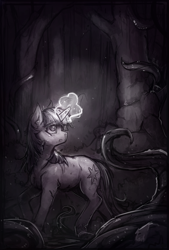 Size: 1301x1920 | Tagged: safe, artist:bantha, twilight sparkle, pony, unicorn, g4, forest, horror, magic, monochrome, nature, roots, scared, solo, tree, unicorn twilight