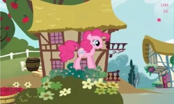 Size: 1253x750 | Tagged: safe, pinkie pie, earth pony, pony, g4, collect cupcakes lick ponies, female, flash game, mare, outdoors, ponyville, solo, youtube link