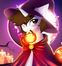 Size: 4087x4307 | Tagged: safe, alternate character, alternate version, artist:2pandita, oc, oc only, pony, unicorn, absurd resolution, candle, commission, halloween, hat, holiday, horn, jack-o-lantern, male, moon, mouth hold, outdoors, pumpkin, pumpkin bucket, solo, stallion, wizard hat, ych result