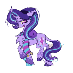 Size: 2048x2048 | Tagged: safe, artist:cingulomana, starlight glimmer, pony, unicorn, g4, alternate color palette, alternate cutie mark, alternate design, alternate eye color, alternate tailstyle, chest fluff, clothes, coat markings, colored, colored fetlocks, colored hooves, colored sclera, curved horn, cutie mark accessory, cutie mark earrings, ear markings, ear piercing, ear tufts, earring, eyebrows, eyebrows visible through hair, eyelashes, eyeshadow, fangs, female, flat colors, floppy ears, headband, high res, hooves, horn, jewelry, leg markings, leonine tail, lidded eyes, long mane, looking back, makeup, mare, mismatched hooves, multicolored hooves, open mouth, open smile, piercing, pink eyes, profile, purple coat, purple eyeshadow, purple mane, purple tail, raised hoof, scarf, shiny hooves, shoulder fluff, simple background, smiling, solo, standing, standing on two hooves, striped scarf, sweat, sweatdrop, swirls, swirly markings, tail, three toned mane, three toned tail, transparent background, unique horn, unshorn fetlocks, watermark, wavy mane, wavy tail, yellow sclera