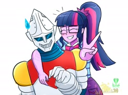 Size: 2732x2048 | Tagged: safe, artist:lordshrekzilla20, sci-twi, twilight sparkle, human, robot, equestria girls, g4, awkward, blushing, crossover, crossover shipping, eyes closed, gesture, godzilla (series), grin, jet jaguar, jetsparkle, shipping, signature, simple background, smiling, sweat, sweatdrop, white background