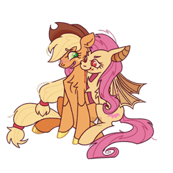 Size: 2048x2048 | Tagged: safe, artist:cingulomana, applejack, fluttershy, bat pony, earth pony, pony, g4, applejack's hat, bat ponified, biting, blonde mane, blonde tail, blood, blush scribble, blushing, chest fluff, colored, colored eyebrows, colored hooves, colored pinnae, colored pupils, consensual vampirism, cowboy hat, duo, duo female, ear fluff, eyebrows, eyebrows visible through hair, eyelashes, fangs, female, flat colors, flutterbat, freckles, green eyes, green pupils, hair tie, halloween, hat, high res, holiday, hooves, lesbian, looking at someone, mane tie, mare, narrowed eyes, nervous, nervous smile, open mouth, open smile, orange coat, pink mane, pink tail, profile, race swap, red eyes, red pupils, shiny hooves, ship:appleshy, shipping, shoulder fluff, simple background, sitting, slit pupils, smiling, smiling at someone, spread wings, stetson, tail, tail tie, three quarter view, tied mane, tied tail, transparent background, watermark, wings, yellow coat, yellow hooves