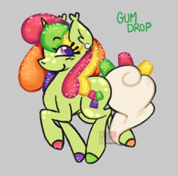 Size: 554x550 | Tagged: safe, artist:cingulomana, oc, oc only, oc:gum drop, candy pony, food pony, original species, pony, unicorn, g4, blush lines, blushing, coat markings, colored hooves, colored pupils, curly mane, curly tail, ear fluff, ear piercing, ear tufts, earring, edible mane, edible tail, eye clipping through hair, eyebrows, eyebrows visible through hair, facial markings, female, female oc, food, food in tail, gray background, green coat, green text, gumdrop, hooves, horn, jewelry, leg markings, looking back, mare, mare oc, mismatched hooves, multicolored hooves, piercing, ponified, prancing, profile, purple eyes, purple pupils, raised hoof, raised leg, shiny hooves, simple background, smiling, spots, tail, unicorn horn, unicorn oc, watermark, white tail