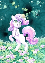 Size: 725x1007 | Tagged: safe, artist:fleebites, sweetie belle, pony, unicorn, g4, female, filly, flower, foal, horn, magic, outdoors, rearing, solo, traditional art, watercolor painting