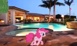 Size: 1253x750 | Tagged: safe, artist:yeaka, pinkie pie, earth pony, pony, g4, collect cupcakes lick ponies, female, flash game, house, mare, outdoors, palm tree, solo, swimming pool, tree, youtube link