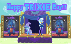 Size: 5397x3337 | Tagged: safe, artist:shieldwingarmorofgod, trixie, human, unicorn, equestria girls, g4, female, horn, solo, stage, trixie day