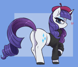 Size: 3000x2600 | Tagged: safe, artist:t72b, rarity, pony, unicorn, g4, beatnik rarity, bedroom eyes, beret, butt, clothes, dock, female, hat, heart, horn, looking at you, mare, passepartout, plot, raised hoof, seductive look, solo, sweater, tail