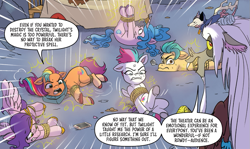 Size: 907x541 | Tagged: safe, idw, discord, hitch trailblazer, izzy moonbow, pipp petals, reginald fursome, sunny starscout, zipp storm, draconequus, earth pony, opossum, pegasus, pony, unicorn, g5, spoiler:comic, spoiler:g5comic, spoiler:g5comic02, bondage, cellphone, chair, comic, cropped, old man discord, phone, smartphone, table, tied up