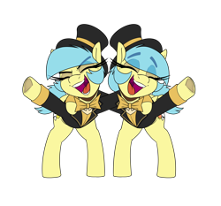 Size: 2400x2240 | Tagged: safe, artist:lockheart, oc, oc only, oc:matinee, oc:soiree, earth pony, pegasus, pony, mare fair, bowtie, clothes, duo, duo female, eye clipping through hair, eyebrows, eyebrows visible through hair, eyes closed, female, frog (hoof), hat, long eyelashes, open mouth, open smile, simple background, smiling, top hat, transparent background, tuxedo, underhoof