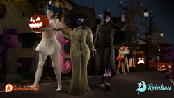 Size: 1920x1080 | Tagged: safe, artist:reinbou, rarity, oc, oc:blueberry milkshake, oc:doodle, oc:rein, oc:sweet cinnamon, pegasus, unicorn, anthro, 3d, blender, blender cycles, clothes, costume, halloween, halloween costume, holiday, horn, outdoors