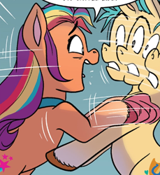 Size: 332x363 | Tagged: safe, idw, hitch trailblazer, sunny starscout, earth pony, g5, spoiler:comic, spoiler:g5comic, spoiler:g5comic02, cropped, cute, duo, duo male and female, female, grabbing, hitchbetes, male, shaking, sunnybetes