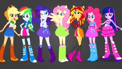 Size: 1280x720 | Tagged: artist needed, safe, applejack, fluttershy, pinkie pie, rainbow dash, rarity, sunset shimmer, twilight sparkle, equestria girls, g4, belt, better source needed, boots, clothes, cowboy boots, cowboy hat, fall formal outfits, gray background, hat, high heel boots, humane five, humane seven, humane six, jacket, polka dot socks, ponied up, shirt, shoes, simple background, skirt, socks, vest