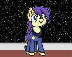 Size: 2048x1617 | Tagged: safe, artist:ewoudcponies, part of a set, star dancer, earth pony, pony, g4, clothes, female, looking at you, mare, smiling, smiling at you, solo, space, spaceship, uniform