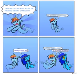 Size: 2048x1962 | Tagged: safe, artist:koidial, rainbow dash, oc, oc:dreadful blue horse!, bat pony, ghost, pegasus, pony, undead, fanfic:cupcakes, g4, bat pony oc, blue coat, blue mane, blue text, colored sclera, comic, crossed hooves, dialogue, dot eyes, duo, duo female, eyes closed, female, female oc, folded wings, frown, frustrated, implied cupcakes, implied lesbian, implied pinkie pie, implied shipping, implied twilight sparkle, implied twinkie, looking at each other, looking at someone, mare, mare oc, multicolored hair, multicolored mane, narrowed eyes, open frown, open mouth, open smile, pointing, ponysona, pouting, profile, rainbow hair, raised hooves, signature, small wings, smiling, speech bubble, spiky mane, spread wings, talking, two toned mane, wings, yelling, yellow sclera