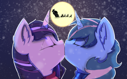 Size: 4000x2500 | Tagged: safe, artist:skylarty, oc, oc:moondazzle, oc:sunshine sparkle, unicorn, christmas, commission, couple, eyes closed, holiday, horn, kissing, outdoors, prize, santa claus, snow, snowfall