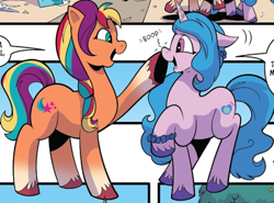 Size: 616x456 | Tagged: safe, idw, izzy moonbow, sunny starscout, earth pony, pony, unicorn, g5, spoiler:comic, spoiler:g5comic, spoiler:g5comic08, boop, cropped, cute, duo, female, horn, izzybetes, mare, raised hoof, sunnybetes