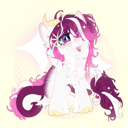 Size: 3000x3000 | Tagged: safe, artist:medkit, oc, oc only, unnamed oc, dracony, dragon, earth pony, hybrid, pony, accessory, big eyes, blushing, chest fluff, chibi, cloven hooves, coat markings, colored belly, colored chest fluff, colored eartips, colored eyebrows, colored eyelashes, colored hooves, colored lineart, colored pupils, commission, ear fluff, ears up, ethereal mane, eye clipping through hair, eyebrows, eyebrows visible through hair, eyelashes, eyeshadow, facial markings, female, four ears, full body, gold hooves, gold horns, gradient mane, hair over one eye, hairpin, head up, heart shaped, high res, hooves, horns, hybrid oc, leg fluff, lightly watermarked, lipstick, long mane, long tail, looking at something, makeup, mare, multiple ears, open mouth, paint tool sai 2, pink eyeshadow, pink lipstick, rainbow, raised eyebrow, scales, screentone, shoulder fluff, signature, simple background, sitting, smol, solo, starry mane, tail, tail fluff, tail markings, three quarter view, two toned eyes, unshorn fetlocks, wall of tags, watermark, white coat, wingding eyes, wondering