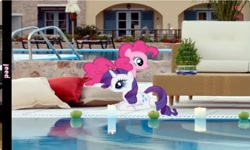 Size: 1252x750 | Tagged: safe, pinkie pie, rarity, earth pony, pony, unicorn, g4, collect cupcakes lick ponies, duo, duo female, female, flash game, horn, mare, outdoors, swimming pool, youtube link