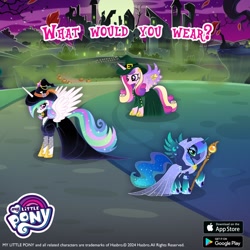 Size: 1080x1080 | Tagged: safe, gameloft, princess cadance, princess celestia, princess luna, alicorn, pony, g4, alicorn triarchy, alternate hairstyle, bone, clothes, colored wings, dress, feather, female, gem, gradient hooves, gradient wings, hat, hood, hoof hold, hoof shoes, jewelry, mare, my little pony logo, outdoors, princess shoes, raised hoof, regalia, see-through, shoes, skull, spread wings, staff, text, trio, trio female, wings, witch, witch costume, witch hat