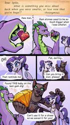 Size: 2166x3860 | Tagged: safe, artist:overlordneon, rarity, spike, oc, oc:pek, diamond dog, dragon, pony, unicorn, g4, alternate hairstyle, ask, comic, diamond dog oc, female, female diamond dog, gem, high res, horn, male, mare, older, older spike, open mouth, open smile, smiling, trio, tumblr