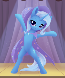 Size: 2020x2430 | Tagged: safe, artist:dusthiel, trixie, pony, unicorn, g4, :3, armpits, belly, bipedal, concave belly, featureless crotch, female, horn, mare, pose, slender, smiling, solo, spotlight, stage, thin, trixie day