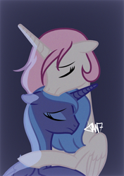 Size: 1039x1476 | Tagged: safe, artist:jintannie, princess celestia, princess luna, alicorn, pony, g4, duo, duo female, female, floppy ears, hug, mare, pink-mane celestia, royal sisters, sad, sibling love, siblings, sisterly love, sisters, young celestia, young luna