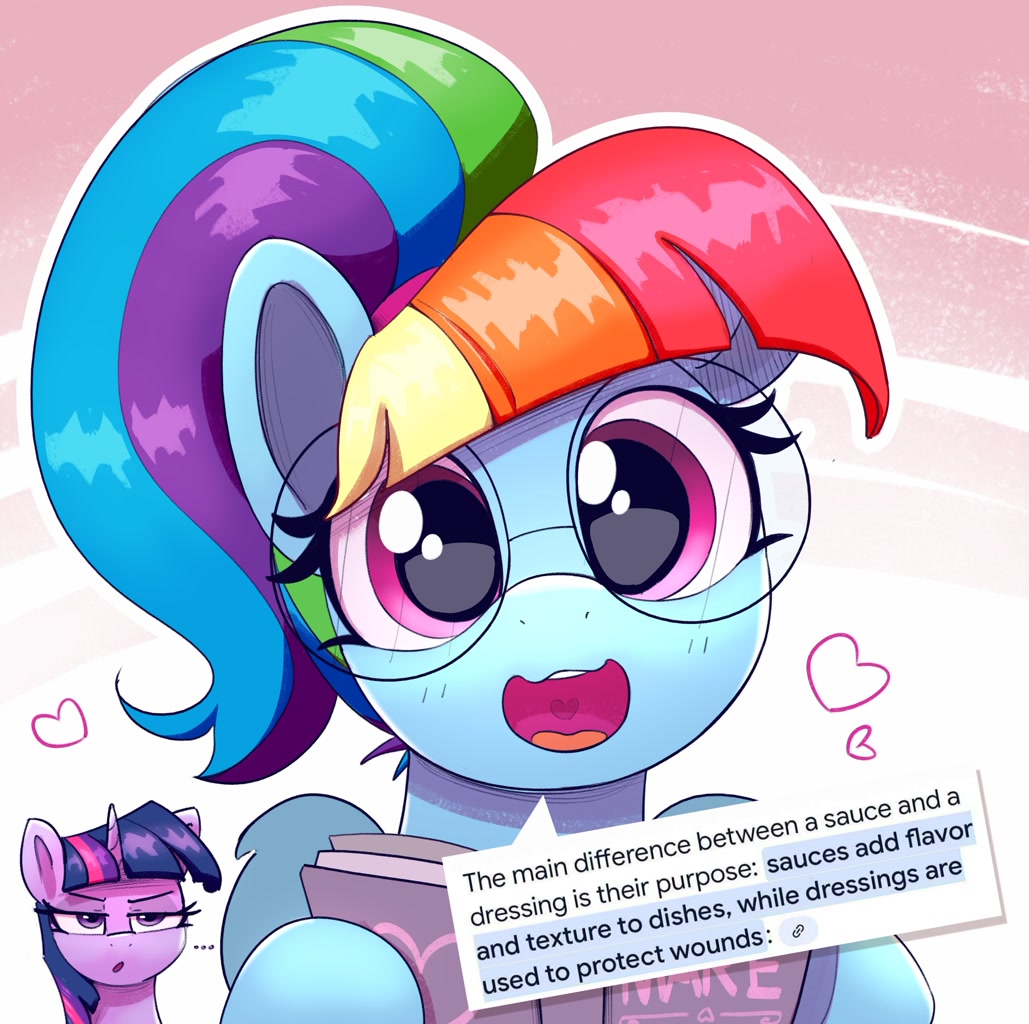 #3476798 - safe, artist:pabbley, rainbow dash, twilight sparkle, pegasus, pony, unicorn, g4, ..., adorkable, alternate hairstyle, artificial intelligence, book, cute, dashabetes, dialogue, dork, duo, duo female, egghead dash, female, glasses, google, horn, manebow sparkle, mare, meme, ponytail, rainbow dumb, round glasses, solo focus, speech bubble, talking to viewer, technically correct, twilight sparkle is not amused, unamused, unicorn twilight, wrong - Derpibooru