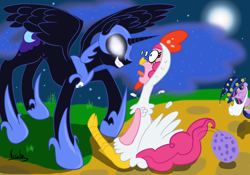 Size: 2616x1836 | Tagged: safe, artist:nicolai, nightmare moon, pinkie pie, twilight sparkle, alicorn, earth pony, pony, unicorn, mlp fim's fourteenth anniversary, g4, animal costume, chicken pie, chicken suit, clothes, concave belly, cosplay, costume, egg, female, glowing, glowing eyes, height difference, horn, mare, menacing, moon, night, nightmare night, nightmare night costume, outdoors, slender, spike's egg, star swirl the bearded costume, startled, tall, thin