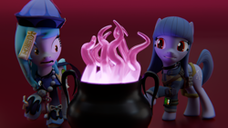 Size: 3840x2160 | Tagged: safe, artist:the luna fan, derpibooru exclusive, oc, oc:cosmia nebula, oc:sweet elis, jiangshi, undead, fallout equestria, mlp fim's fourteenth anniversary, 3d, blender, choker, disguise, female, genshin impact, gradient background, i've seen enough hentai to know where this is going, jewelry, magic, mare, necklace, nightmare night, pipbuck, qiqi (genshin impact), scared, talisman, tentacles