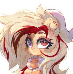 Size: 3941x4011 | Tagged: safe, artist:jfrxd, oc, oc only, oc:kyra, pegasus, pony, big eyes, cheek fluff, clothes, ear fluff, ear piercing, earring, eyebrow slit, eyebrows, female, floating eyebrows, heterochromia, jewelry, piercing, scarf, simple background, solo, striped scarf, white background