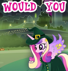 Size: 339x353 | Tagged: safe, gameloft, princess cadance, alicorn, pony, g4, clothes, cropped, dress, english, female, hat, horn, mare, meme, outdoors, solo, text, witch costume, witch hat, wow! glimmer