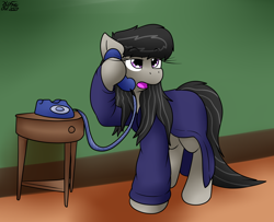 Size: 1974x1605 | Tagged: safe, artist:the-furry-railfan, octavia melody, earth pony, pony, g4, clothes, indoors, messy mane, octavia is not amused, open mouth, phone, robe, tired, unamused