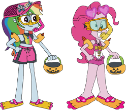 Size: 3882x3405 | Tagged: safe, artist:christian soto, pinkie pie, rainbow dash, equestria girls, equestria girls specials, g4, my little pony equestria girls: better together, my little pony equestria girls: forgotten friendship, clothes, female, flippers, goggles, halloween, hat, holiday, one-piece swimsuit, pumpkin bucket, simple background, snorkel, sunglasses, swim mask, swimsuit, transparent background, trick or treat, water wings