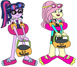 Size: 3882x3405 | Tagged: safe, artist:christian soto, fluttershy, sci-twi, twilight sparkle, equestria girls, equestria girls specials, g4, my little pony equestria girls: better together, my little pony equestria girls: forgotten friendship, clothes, female, flippers, fluttershy's wetsuit, glasses, goggles, halloween, holiday, inner tube, pool toy, pumpkin bucket, simple background, swimsuit, towel, transparent background, trick or treat, water wings, wetsuit