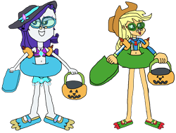 Size: 4470x3405 | Tagged: safe, artist:christian soto, applejack, rarity, equestria girls, equestria girls specials, g4, my little pony equestria girls: better together, my little pony equestria girls: forgotten friendship, applejack's beach shorts swimsuit, belly, belly button, clothes, female, flippers, goggles, halloween, hat, holiday, inner tube, noseclip, pool toy, pumpkin bucket, sarong, simple background, sunscreen, swimsuit, transparent background, trick or treat, water wings