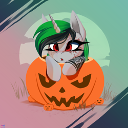 Size: 2500x2500 | Tagged: safe, artist:darky_wings, oc, oc only, pony, unicorn, commission, cute, gradient background, halloween, halloween 2024, holiday, horn, ocbetes, outdoors, pumpkin, solo, ych example, your character here