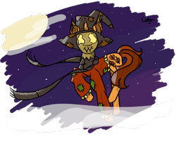 Size: 1280x1029 | Tagged: safe, artist:gotyx96, oc, oc only, oc:autumn falls, pony, unicorn, mlp fim's fourteenth anniversary, brown mane, clothes, costume, fog, glowing, glowing eyes, halloween, halloween costume, holiday, horn, moon, night, nightmare night, nightmare night costume, orange coat, orange mane, outdoors, ponytober, ponytober 2024, scarecrow, scarf, solo, stars, tail, two toned tail